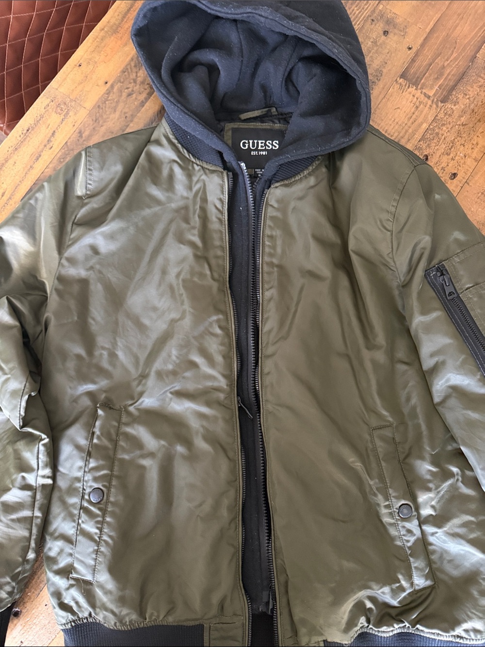 GUESS Olive Green Bomber Jacket with Navy Hood